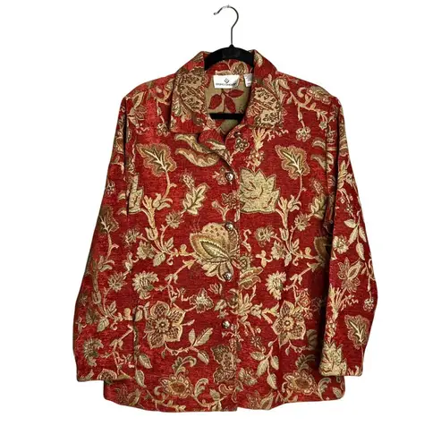 Erin London Floral Tapestry Button Down Jacket Size L Red Gold Foilage Boho Red Size L