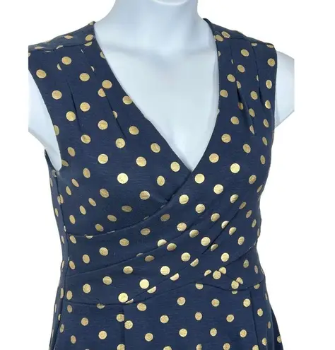 Maeve Anthropologie  Ophira Faux Wrap Fit & Flare Blue and Gold Dot Dress Small