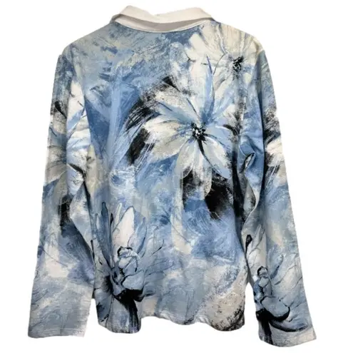 Jess & Jane Wind Poems Blue Floral Rhinestone Zipper Knit Jacket Size Medium White