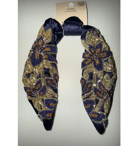 Embellished Beaded Floral Knot Headband – Navy Blue & Gold