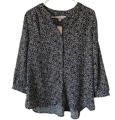 NEW JACHS GIRLFRIEND Printed Blouse Hidden Button Three Quarter Sleeve Medium Black