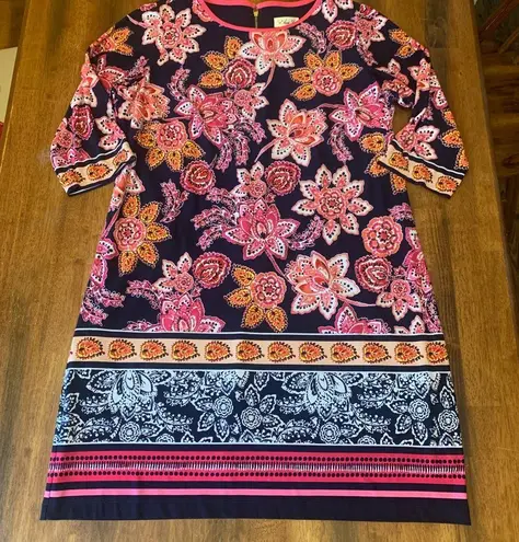 Eliza J Dress 14W Dark Blue w/ Vibrant Pink Orange Floral Accents Exposed zip