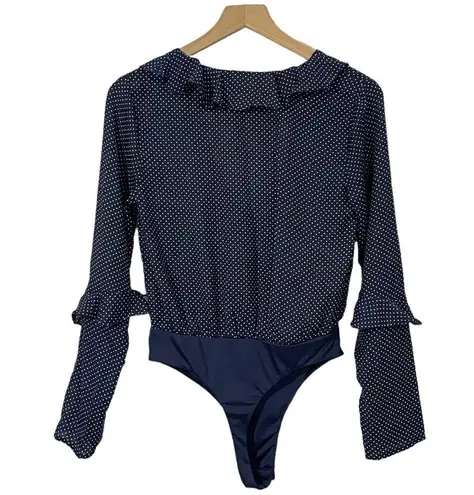 NUDE Polka Dot Ruffle Long Sleeve Thong Bodysuit