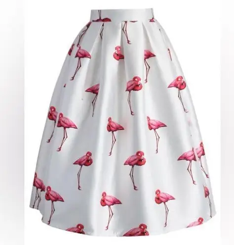 Chicwish Chic Flamingos Pleated A-line Skirt Size Medium Satiny Novelty Print