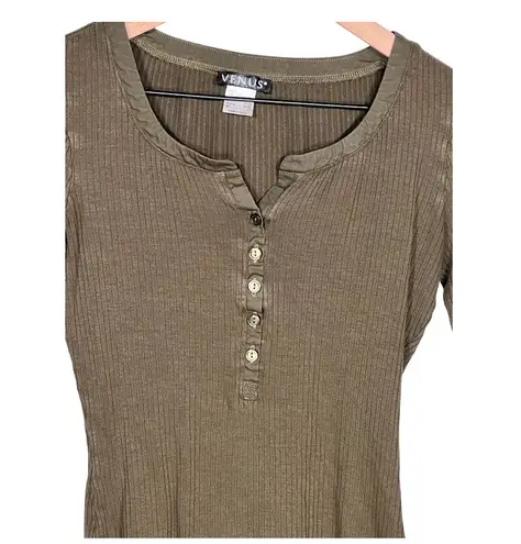 Venus  Ribbed Long Sleeve Top Scoop Neck Buttons Henley T-Shirt Olive Size XS