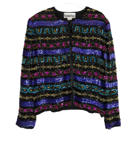 1980s Vintage Nina Piccalino Multicolor Colorful Beaded Sequin Blazer Jacket 14P Black Size L