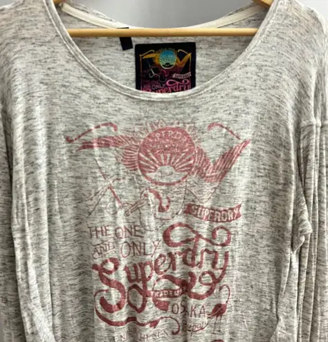 Superdry  MEDIUM Gray Osakaya Pink Glitter Graphic Tee Shirt T-Shirt Long Sleeve