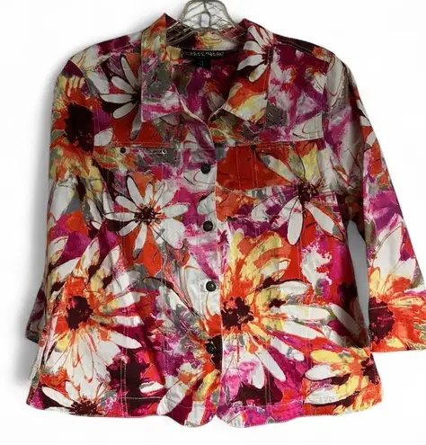 Mirror Image Bright Watercolor Floral Artsy Jacket 3/4 Sleeve Painted Flowers XL Orange