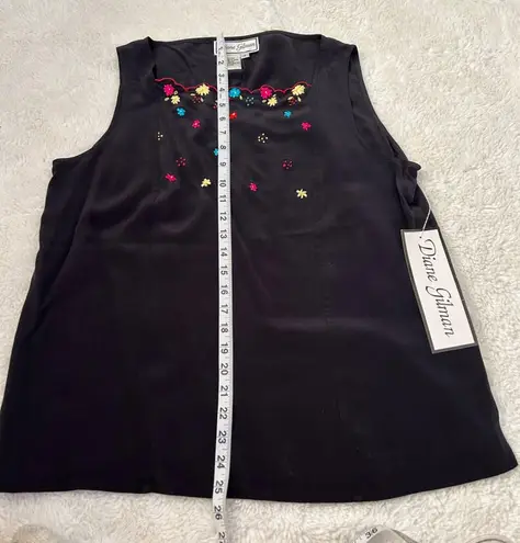 Diane Gilman NWT Silk Floral Embroidered Top in Black Size M Y2k/Bohemian/Art