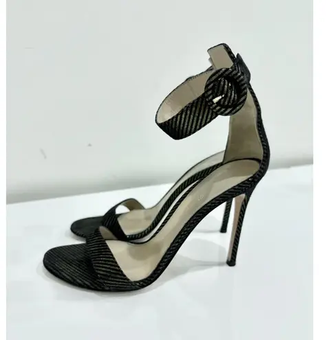 Gianvito Rossi Portofino Metallic Striped Open Toe Pump Heels Black Women's 39