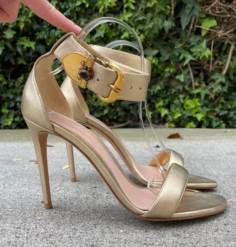Alexander McQueen jeweled buckle gold leather high heel ankle strap sandal IT 40