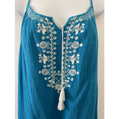 Pink Chicken Dress Womens Medium Blue Boho Hippie Gauzy Embroidered Flowy Tassel