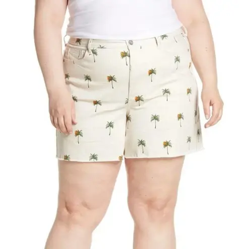 NYDJ  Palm Print High Waist Frayed Hem Denim A-Line Shorts Plus Size 24W NWT