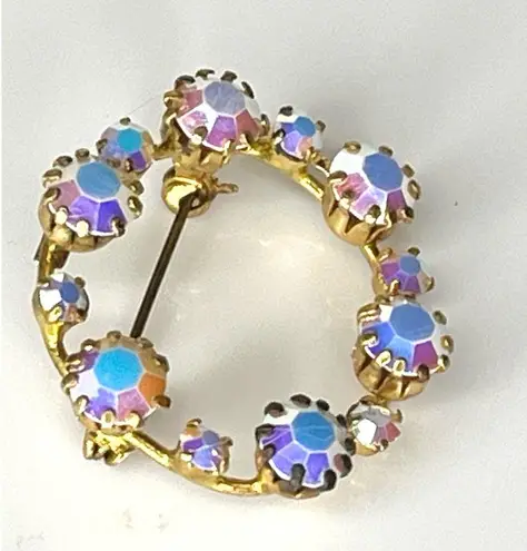 Vintage Austria Signed BROOCH 1.5" Aurora Borealis Quartz Stone Wreath Pin RARE