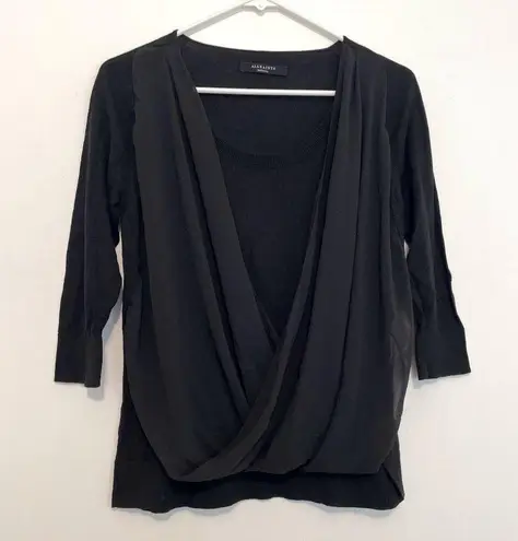 ALL SAINTS Taybar Sheer Cowl Knit Top Black Mixed Media 3/4 Sleeve M