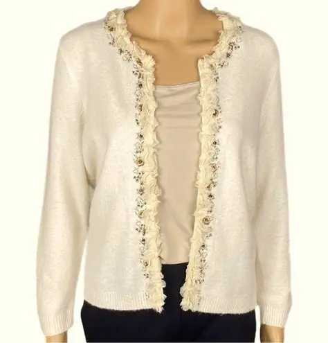 T Tahari buttery cream cardigan sweater with floral & tulle trim Large EUC