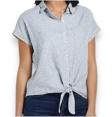 Weatherproof Vintage Blue & White Striped Washable Linen Tie Front Top | EUC