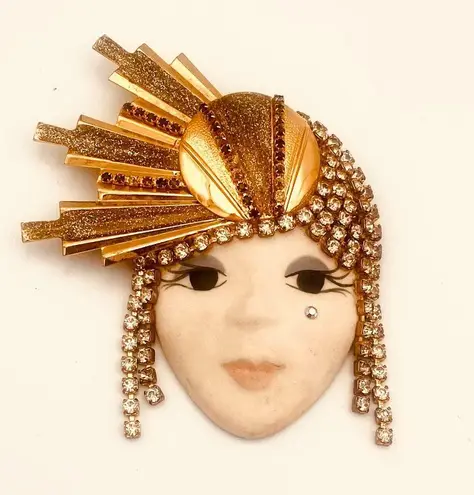 VINTAGE FLAPPER ART DECO CRYSTAL RHINESTONE BROOCH Gold