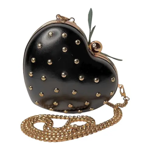 Black Strawberry CROSSBODY Bag Studded Heavy Gold Chain Strap HANDBAG Mini Purse