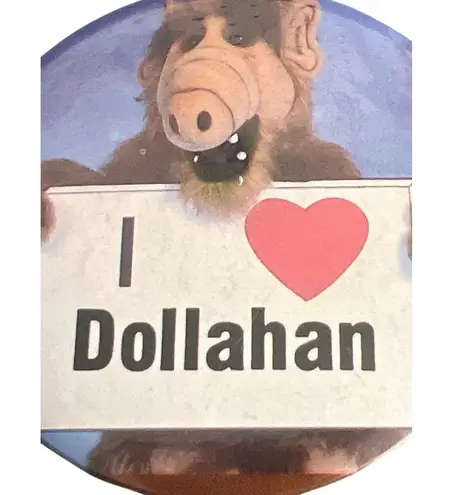 Vintage 1987 ALF I Love Dollahan I Heart Button Pin Round 2.25" Blue