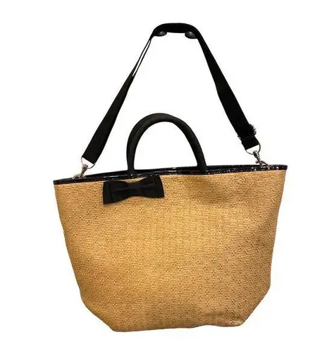 Bath & Body Works Straw Tote Bag Black Handles Bow Removable Strap Summer Travel