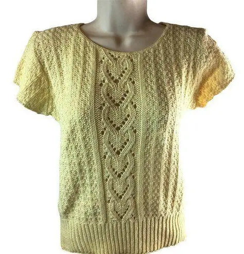 Knit Maven Womens Yellow Short Sleeve Ivory Knit Sweater Top Size M Size M