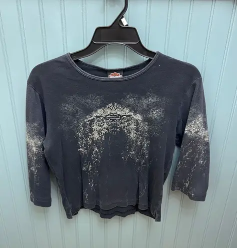 Harley Davidson Womens L T Graves Lubbock Texas 3/4 Sleeve Top Motorcycle Black Size L