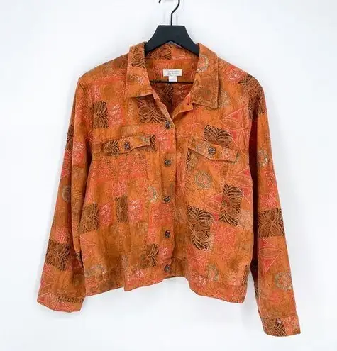 Christopher & Banks  Y2K Abstract Tribal Linen Blend Button Down Top Orange Large