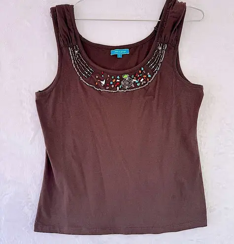 Cable & Gauge Brown Beaded Southwestern Boho Tank Top by Pleated Straps
