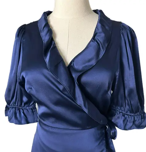 Hill House Nima Silk Ruffle Wrap Mini Dress in Navy Blue Size Medium