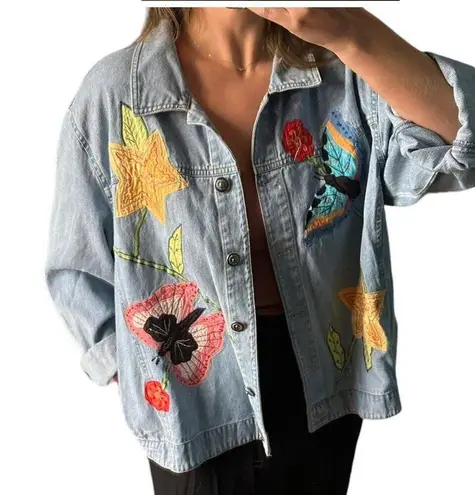Vintage Y2K White Stag Butterfly Floral Embroidered Denim Jacket Size XL Boho