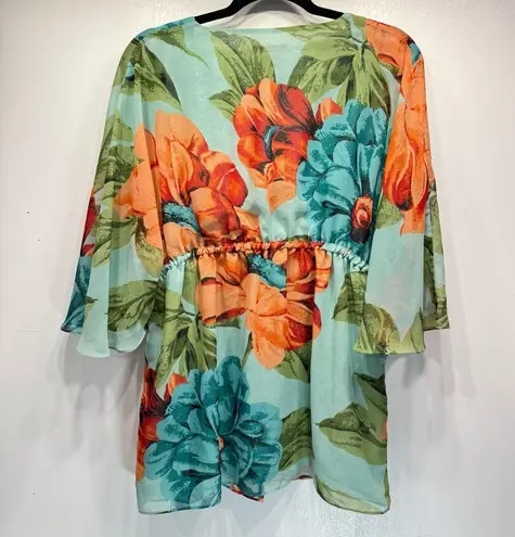 Sunny Leigh Tropical Floral Sheer Tulip Sleeve V Neck Kimono Tunic Blouse by