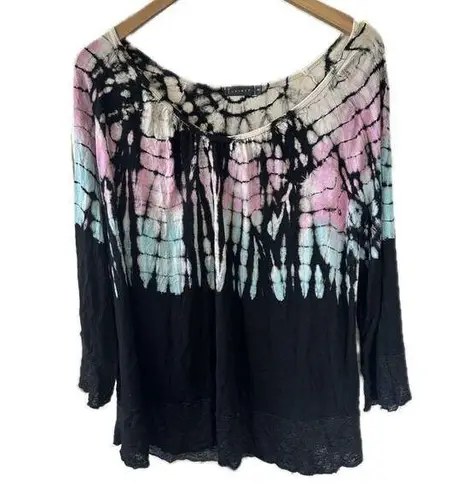 T Party Fashion T Party Women's Tie Dye Mix Media Overlock Stitch Hem Bell Sleeve Top M