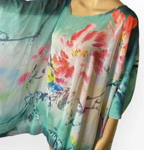 Missy Plus Floral Chiffon Caftan Poncho/ Coverup OS Green Size undefined