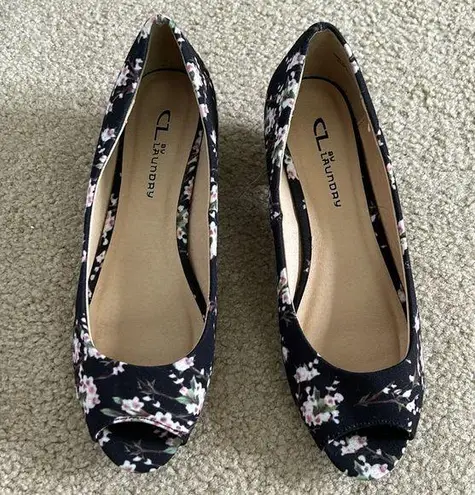 CL by Laundry Black/Pink Floral Fabric Peep Toe Shoes sz 8