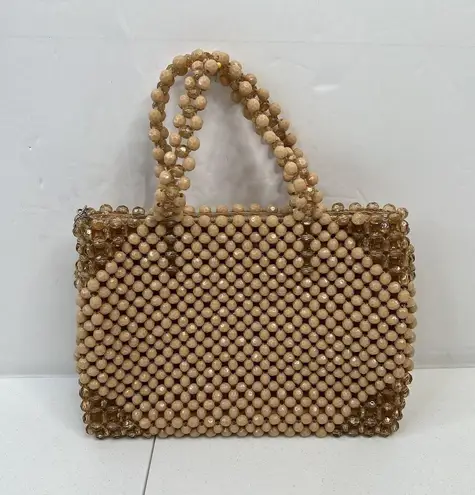 Vintage 1960's Beaded Handbag Made in Hong Kong Opaque Faceted Beige Beads Tan