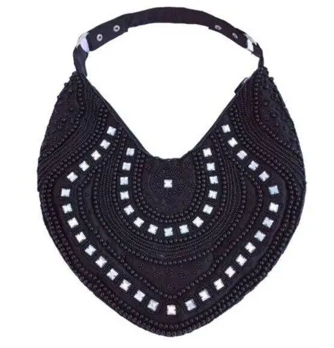 Black Beaded Ornate Shoulder Bag Hobo Purse Black