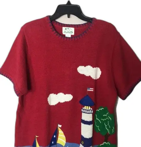 VTG Quaker factory nautical sailboat lighthouse embroidered pullover sweater Red Size M