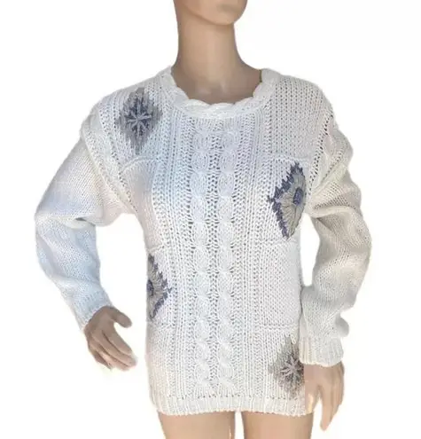 VINTAGE 80s SHENANIGANS Women’s White Sweater Hand Knitted Flower Design Small