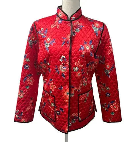 Anne Carson Red Quilted Silk Chinese Dragons Floral Button Up Shirt Jacket Sz M