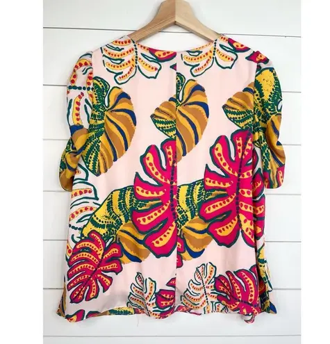 Adrienne Tropical Palm Print V-Neck Half Puff Sleeves Blouse Top Size Medium