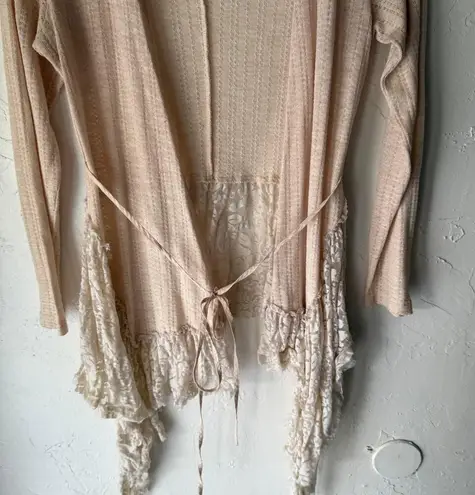 A’Reve Beige Open Knit Lace Hem Cardigan Boho Cottagecore Ruffle Coquette Size M Size M