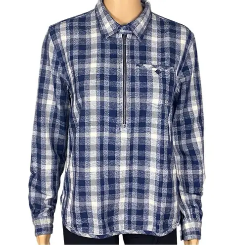 Toad & Co . “Bodie” navy and white plaid 1/2 zip shirt with pocket. Size XS. EUC