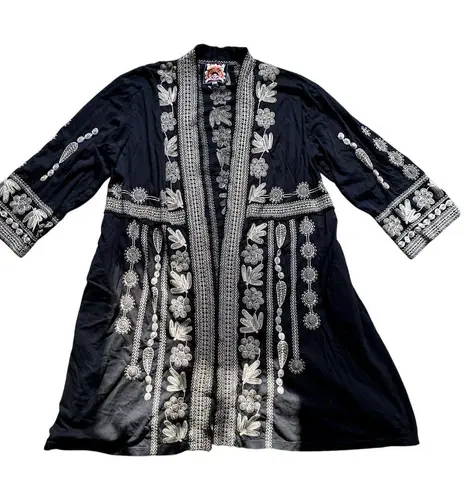 Johnny Was Embroidered Long Cotton Boho Duster Cardigan XL Black Festival Cozy