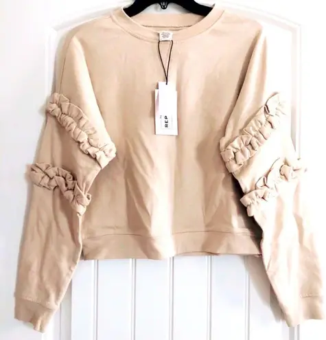 FOR THE REPUBLIC NWT Sweatshirt Beige French Terry Ruffled Sleeve Size S $58