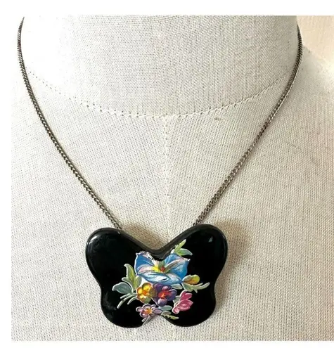 Vintage hand painted butterfly bird pendant necklace
