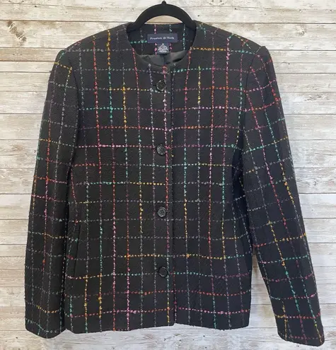 Preston & York Womens 10 Blazer Tweed Black & Pastel Plaid Button Up Wool Blend