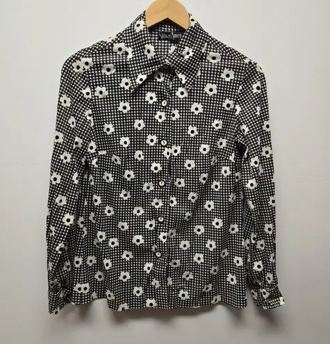 Vintage Stacy Ames 70s Daisy Floral Button Shirt Black White Funky Women sz ~Med