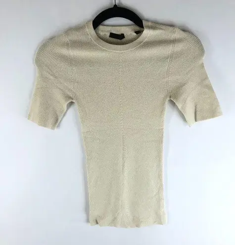 NWOT ATM Beige Short Sleeve Crewneck Ribbed Pullover Knit Sweater Top Size Small Tan