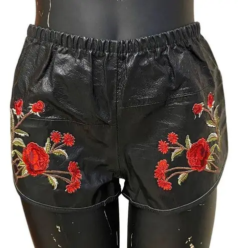 American Vintage  Black Faux Leather Short Red Floral Embroidery